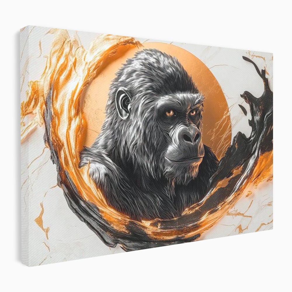 Tablou canvas cu tablou canvas cu gorila si cerc de foc, fara rama, pe sasiu de lemn